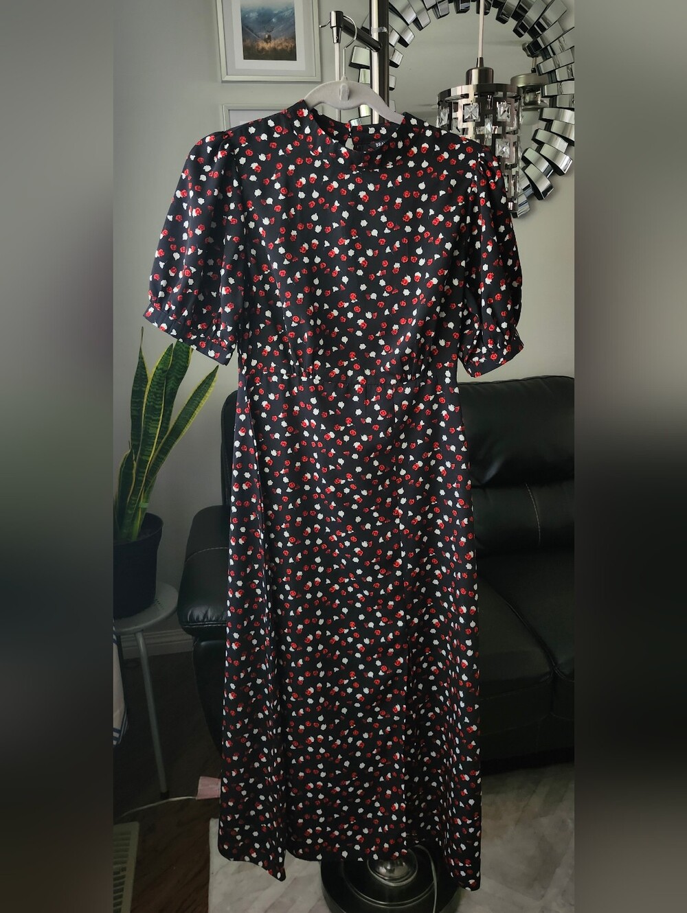 Brave Soul Black Midi Dress with Red and White Floral Print